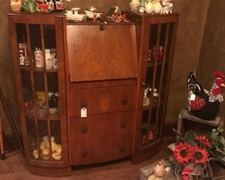 Antique Drop Leaf Secretary Desk with 2 Glass Cabinet
