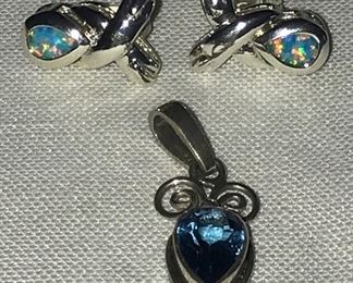 Sterling silver and opal earrings and sterling silver and blue topaz pendant 