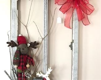 "Holiday Moose" hand crafted Christmas decor made from vintage window frame 