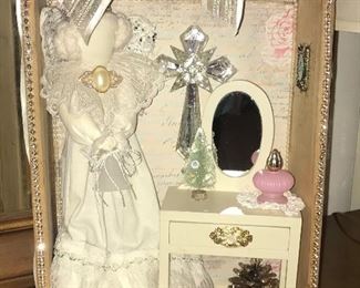 Hand crafted Christmas shadow box made from antique furniture drawer, doll furniture, and vintage jewelry 