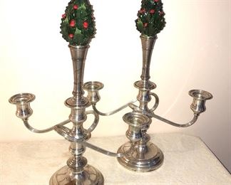 Kirk and Son sterling candelabras with height extension pieces and Coalport porcelain holly ornaments (all pieces sold separately)