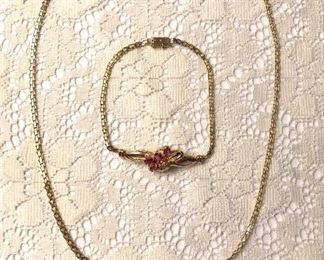 14k gold, pink sapphire and diamond necklace and bracelet 