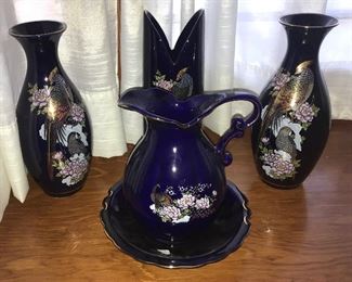 Mexican porcelain vases and pitcher and wash basin 