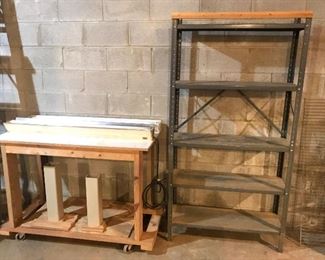 Metal shelf and wooden work bench on casters 