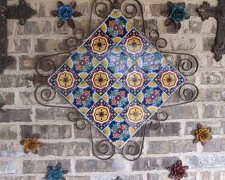 Mexican pottery wall art w/ metal designed roses