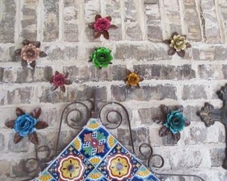 Mexican pottery wall art w/ metal designed roses