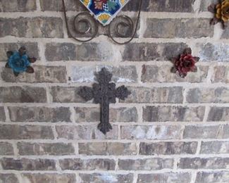 Mexican pottery wall art w/ metal designed roses & 3 crosses