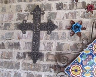 Mexican pottery wall art w/ metal designed roses & 3 crosses