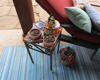 Metal wrought-iron table (part of a pair) w/ Mexican tile top. Plus, other fun misc decor.