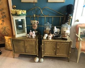 Gold tone finished night stand in faux tartan style  