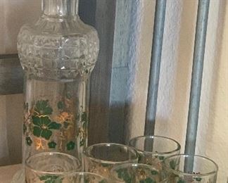 Gold/Green Decanter & 6 Glasses