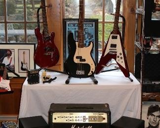 American-made Gibson Flying V guitar (01025400), Fender Squire Bass (CY99119177), PRS Soapbox II guitar. Marshall AVT2000 amplifier. Many guitar books, pedals, wires, amplifiers and accessories. Microphones, stands, equalizers, cases, and speakers.