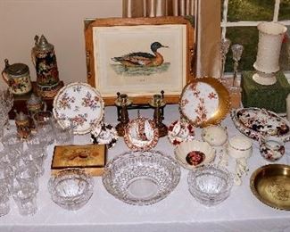 Groupings of American, English, Japanese, Bavarian, and French makers including Lenox, Belleek, L.E. Smith, Keeling, Wilton, Royal Windsor, Bernardaud, Andrea by Sadek, and others. Rustic kitchenwares, silverplate, appliances, and tools.