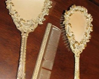 Antique Vanity Mirror , Brush and Comb set