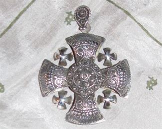 Jerusalem Sterling  Silver Cross Pendant 3 inch diameter