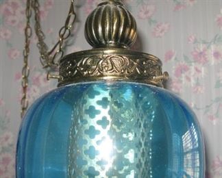Vintage Mid Century Modern Retro Swag Lamp Hanging Light Blue Glass Large