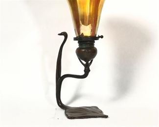Antique Tiffany Cobra Candle Lamp w Signed LCT Favrile Glass Shade