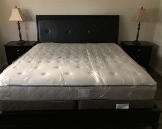 King Bonded Leather/Dark Wood Laminate Bed, (2) 3-Drawer Nightstands, King Sealy Mattress/Springs