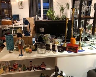 Margarita glasses, wine glasses, candle sticks, vintage and antique dolls