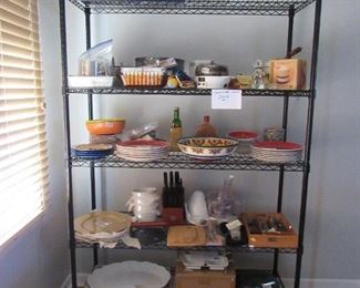 Kitchen ware, dishes, flatware, glasses, toaster, Keurig, platters, serving bowls, butcher block w/knives, and more