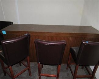 All wood bar and 4 high leather bar stools