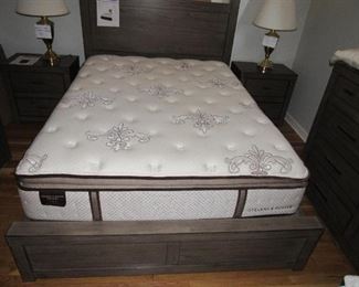Queen Size Bed w/Serta mattress and box springs, brass lamps, bedside end tables w/charging and electrical plugs, dresser, and more