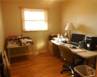Office - computer, printer, speakers, lamp, chair, desk, and more
