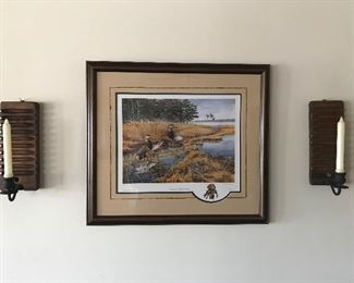 signed artwork and antique wall sconces