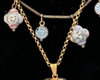 Gold filled heart locket, antique micro mosaic drop necklace, 12k Gold filled liquid gold necklace
