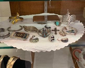 Zuni inlaid cuff bracelet, belt buckle and rings