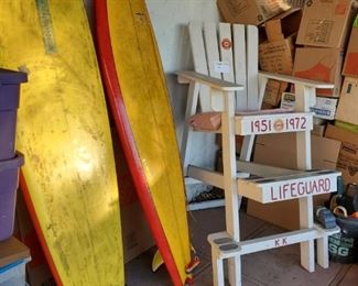 Surfboards.  Lifeguard chair.