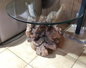Really cool burl root base, glass top end table.