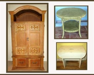 Armoire, Green Wicker Table and Small Stool 