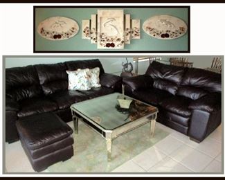 Lovely Leather Sofa and Matching Love Seat, Cool Mirrored Coffee Table; There are 2 Mirrored End Tables as Well