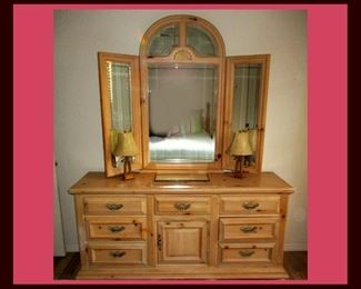 Matching Dresser Bedroom with Tri Fold Mirror and Small Palm Tree Lamps