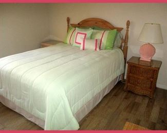 Lovely Bed, Pink Shell Lamp and Wicker Nightstand 