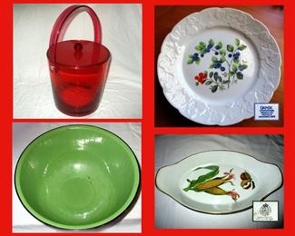 Modernist Bright Red Plastic Ice Bucket, Dansk Dishes, Enamel Bowl and Royal Worchester Dish 