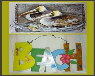 Pelicans on Driftwood and Metal Beach Sign 