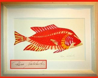 Signed Rasa Saldaitis Beautiful and Brightly Colored Fish Picture, Artist's Info on the Back 