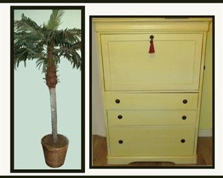 Tall Faux Palm Tree and Small Shabby Chic Armoire 