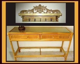 Wooden Rack with Hooks and Rattan Entry or Sofa Table 