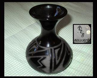 Fabulous Black on Black Navajo Pottery Signed