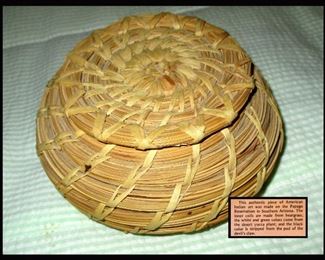 Native American Papago Basket with Lid and Paperwork Showing Materials Used 