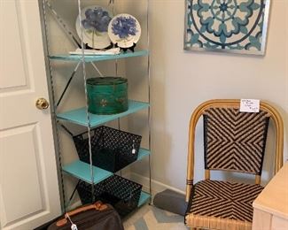 Container Store turquoise shelving unit. 
