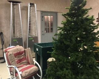 Christmas trees, rocking chair, patio heaters