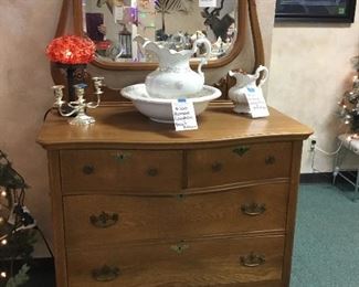 Homer Lauglin chamber set, antique dresser, lamps, candlesticks