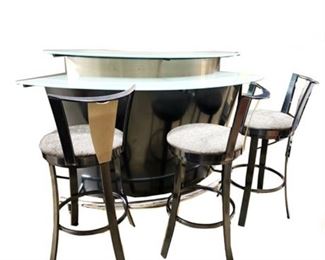 Lot 046
Modern Glass and Metal Bar With Custom Stools