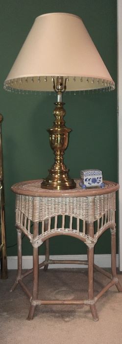Wicker end table; brass lamp
