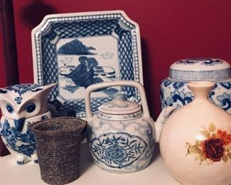Various decor including Asian blue and white jars and tray