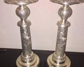 Antique Lacquered silver mantel candleholders